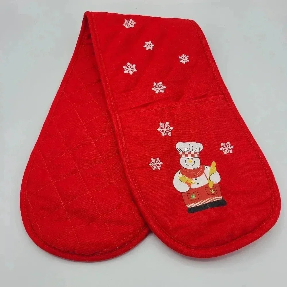 Christmas Snowman Double Oven Mitt Pot Holder Baking Red White Winter Holiday